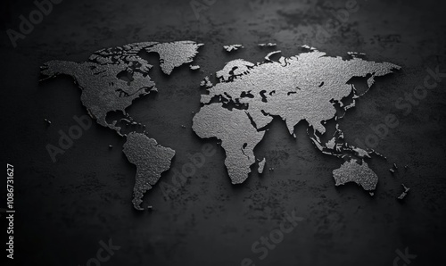 Detailed metallic world map illustration on a textured dark surface, highlighting geographical features while evoking a modern, industrial aesthetic for global themes. photo