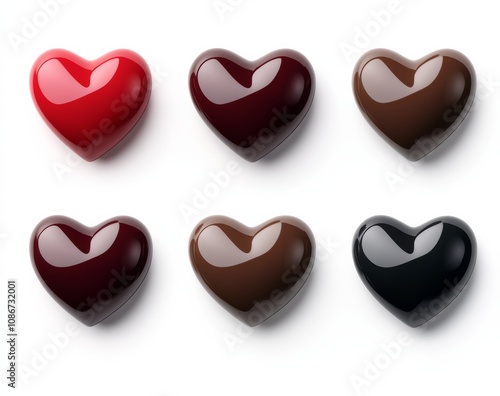 Row of six chocolate hearts in different colors. The colors are red, brown, and black