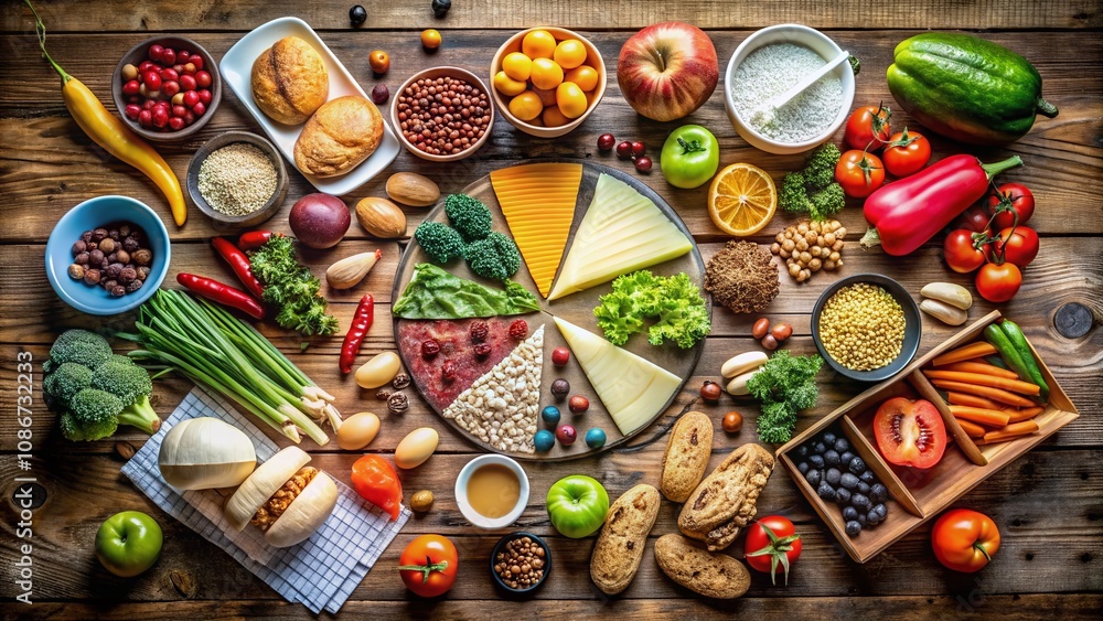 Aerial View of a Colorful Food Groups Chart Displayed on a Wooden Table Surrounded by Fresh Ingredients Representing the Essential Nutritional Categories for a Balanced Diet Aerial View of a Colorful Food Groups Chart Displayed on a Wooden Table Surrounded by Fresh Ingredients Representing the Essential Nutritional Categories for a Balanced Diet