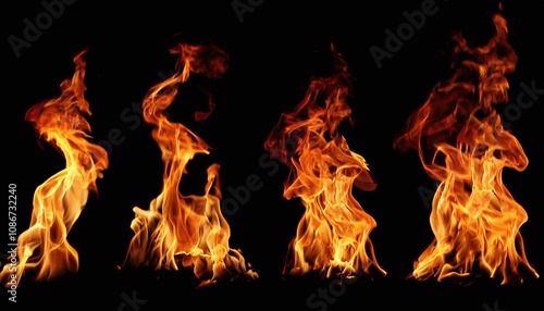 Different Fire Flames Isolated on Black Background