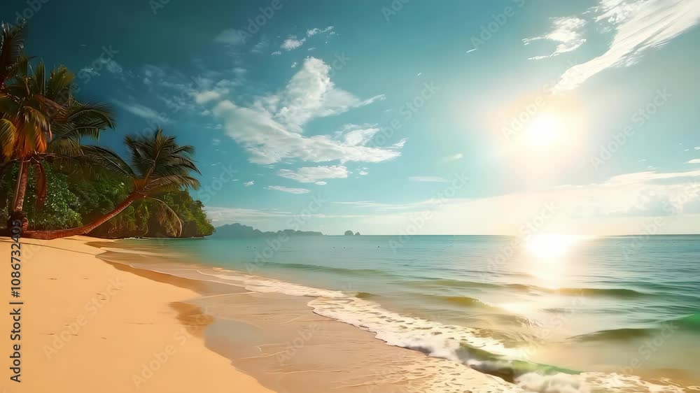 custom made wallpaper toronto digitalA serene beach scene with gentle waves, palm trees, and a bright sky at sunrise or sunset.