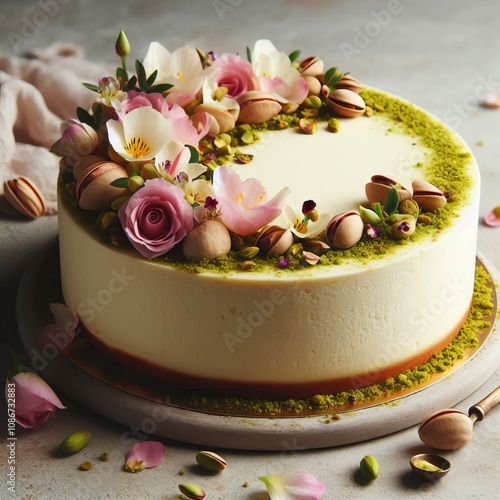 Creamy cheesecake flavored with pistachio and rosewater garnishe photo