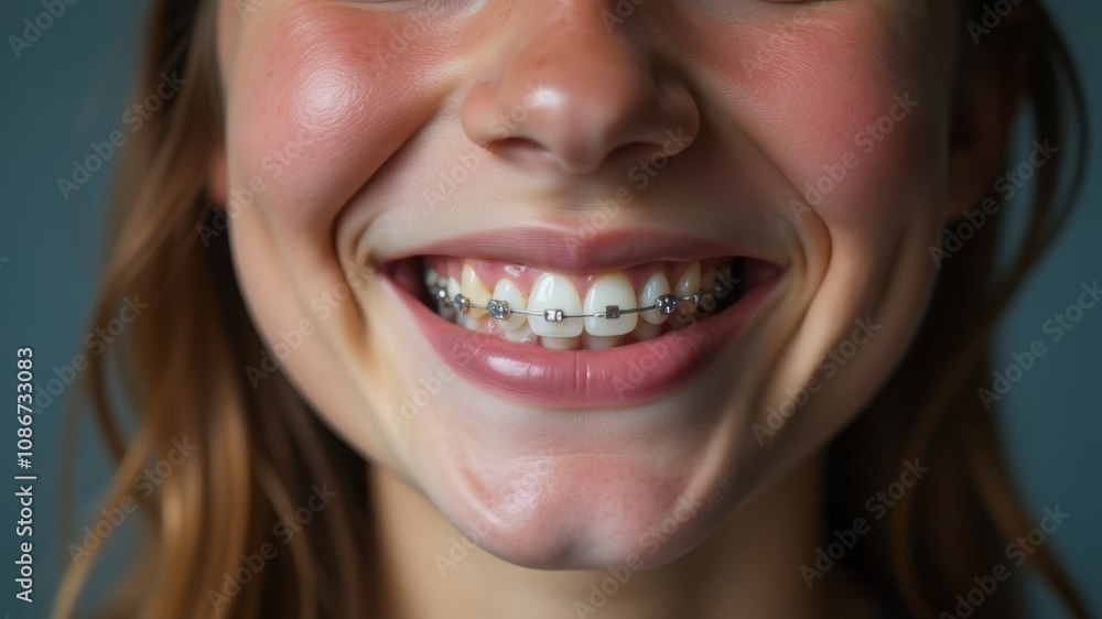 Fototapeta premium Portrait of a smiling woman with orthodontic braces in close-up. Orthodontics, dentistry