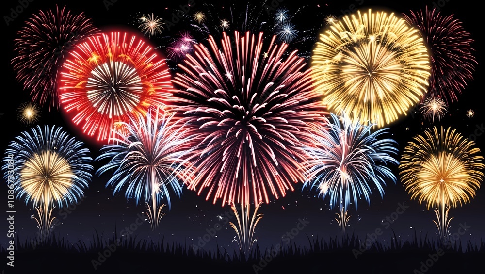 Fototapeta premium Bright, colorful fireworks display, illustration of a spectacular fireworks show, painting the black sky with bursts of light