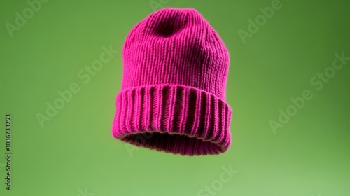 Pink knit hat is floating in the air. The hat is pink and has a knit texture