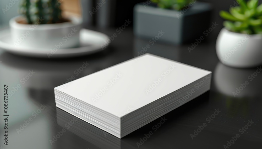 A stack of white paper is on a table next to a potted plant A stack of white paper is on a table next to a potted plant