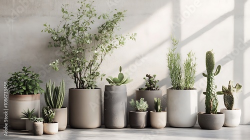 Wallpaper Mural Sunlit collection of potted plants of various types and sizes, displayed against a textured wall. Torontodigital.ca