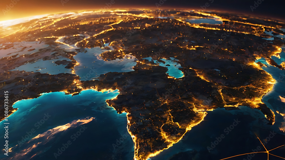 Fototapeta premium Global Connections: A breathtaking aerial perspective of Earth, illuminated by city lights, showcasing the interconnectedness of our world. The image captures the beauty and vastness of our planet.