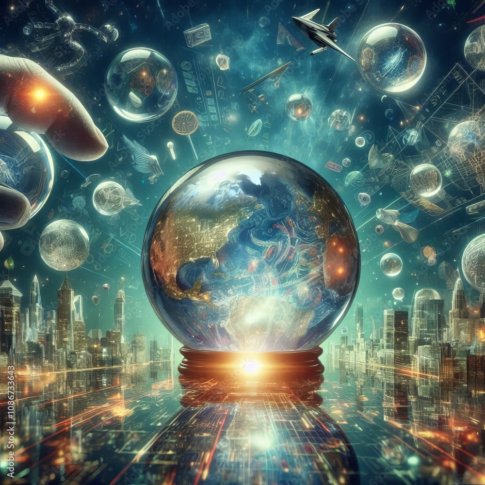 Crystal balls revealing futures as they descend Crystal balls revealing futures as they descend