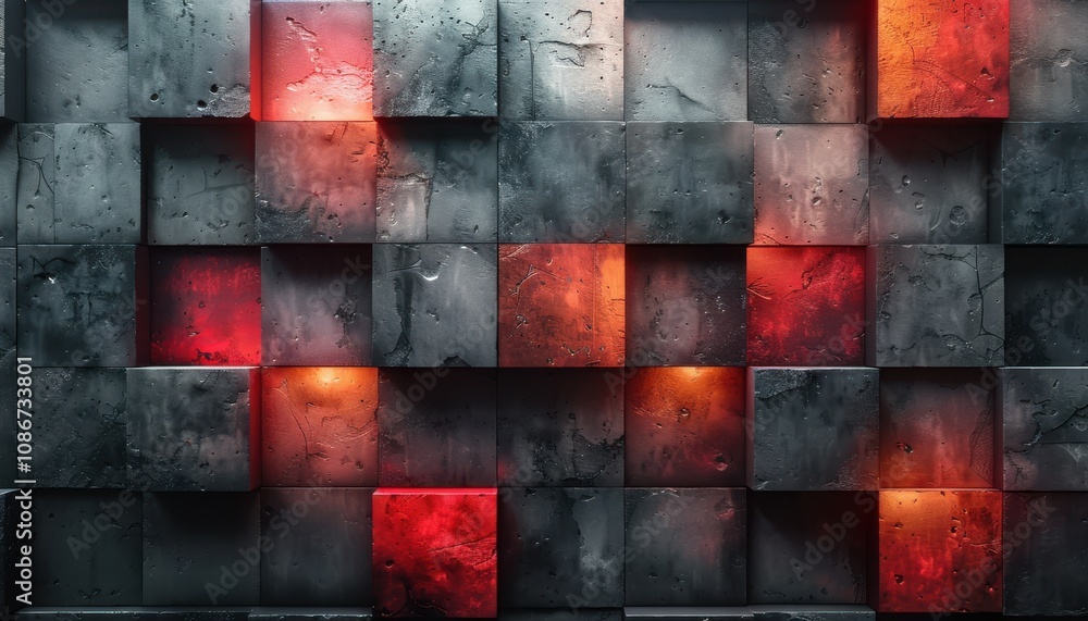 A wall made of red and grey blocks with a red square in the middle A wall made of red and grey blocks with a red square in the middle