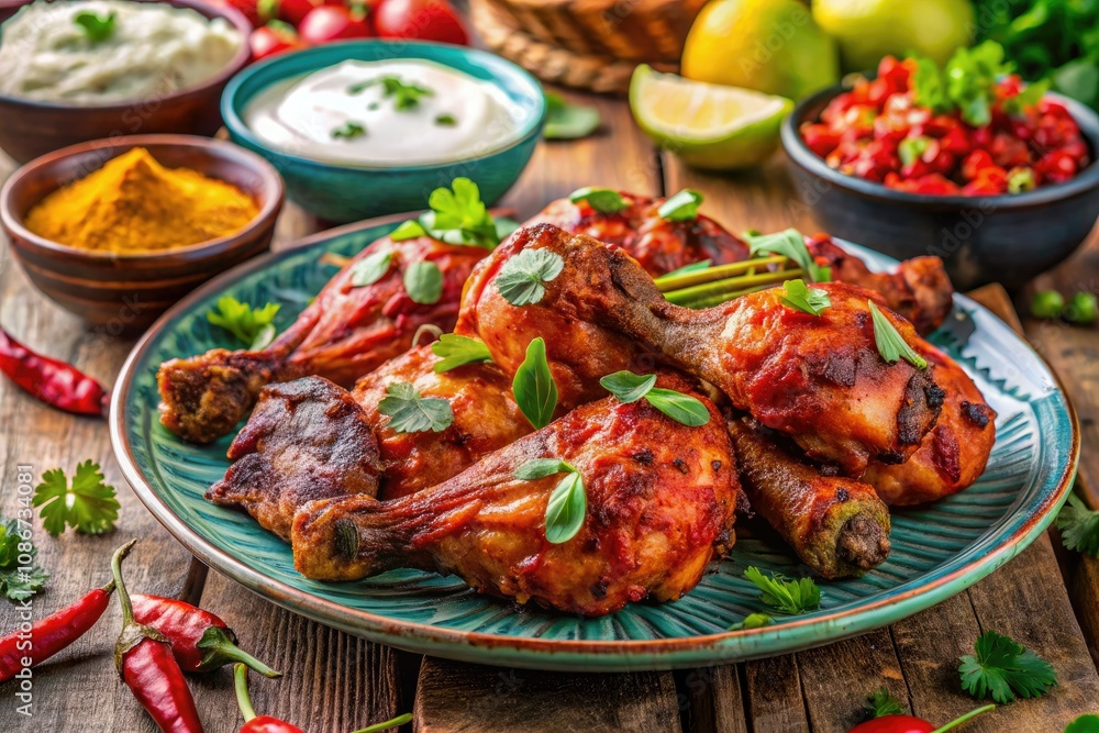 Spicy Aromatic Tandoori chicken paired with zesty yogurt seasoning. A colorful traditional Indian recipe that highlights exquisite food styling and tempting flavors in every bite. Spicy Aromatic Tandoori chicken paired with zesty yogurt seasoning. A colorful traditional Indian recipe that highlights exquisite food styling and tempting flavors in every bite.