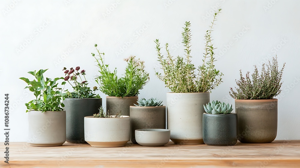 custom made wallpaper toronto digitalAssortment of potted plants in various sizes and shades of ceramic planters, arranged on a wooden surface against a white wall.