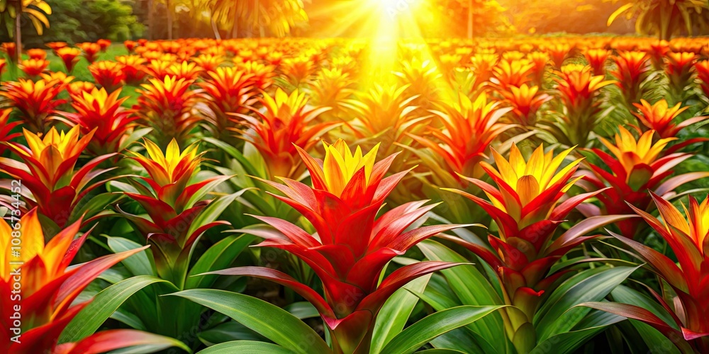 Obraz premium Stunning Aerial View of Vibrant Guzmania Blooms in Full Bloom Under Bright April Sunshine - Nature's Colorful Display of Tropical Flora and Spring Vibrancy