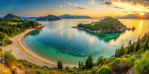 Stunning Portrait Photography of Maistros Beach on Vido Island, Corfu - Crystal Clear Waters, Lush Greenery, and Serene Sunsets - Ideal for Travel and Nature Enthusiasts photo