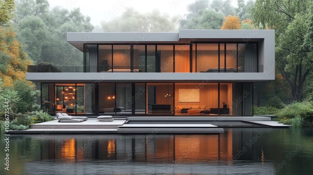 3D model of a luxury lakeside villa with outdoor decks and large windows, isolated on white. 3D model of a luxury lakeside villa with outdoor decks and large windows, isolated on white.