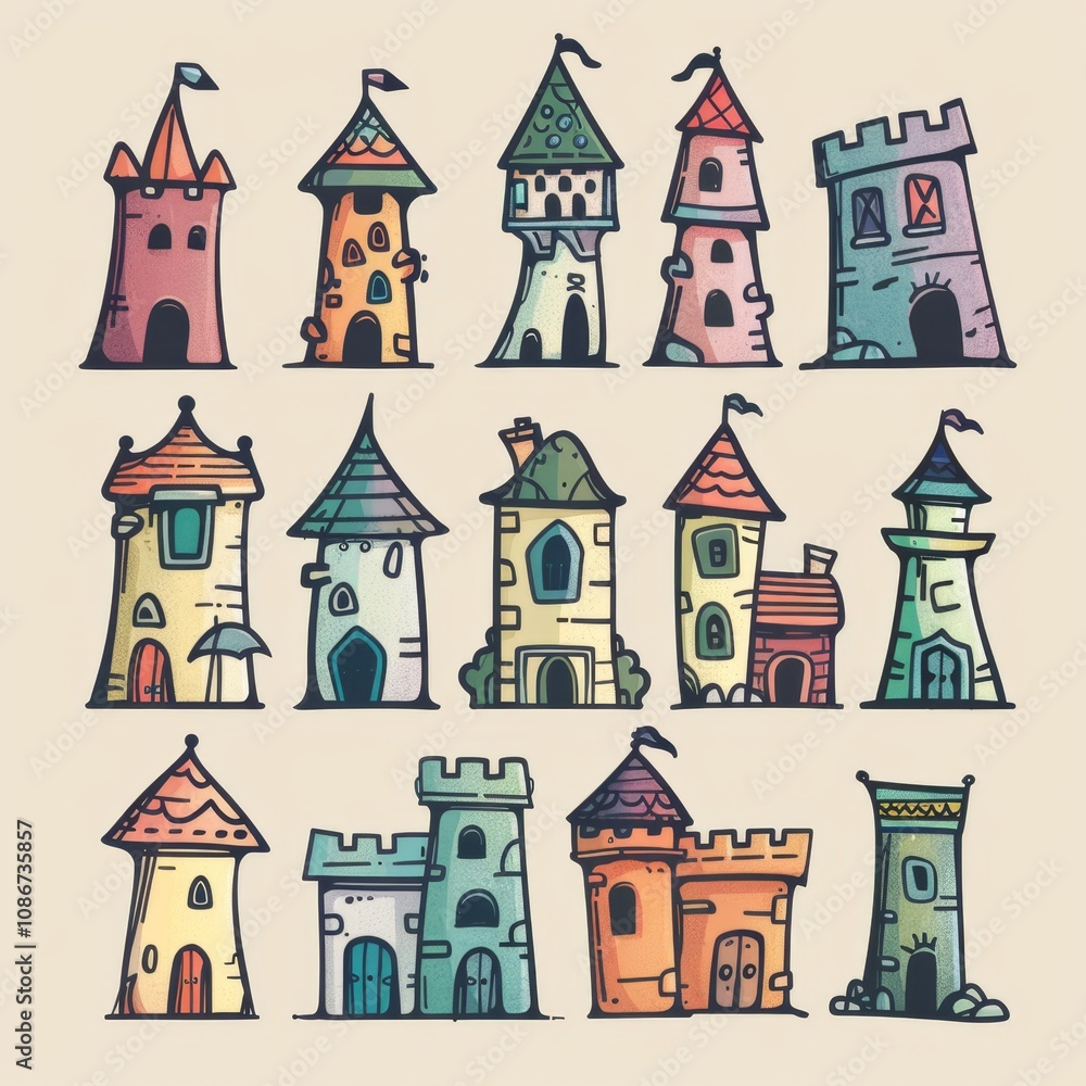 Fototapeta premium Castle icon, fairy tale forts, old towers, medieval castles, kingdom symbol, king home, fairytale fortress