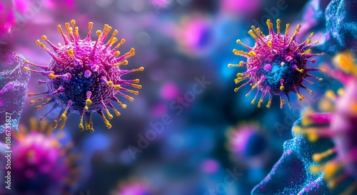 A close up of a cluster of pink viral cells in a human microorganism. An abstract background surrounded by other blue particles. Illustration of medical and antidote concepts