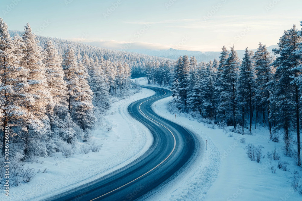 Winter Road Curving Through a Snowy Forest with Warm Glow of Sunset Winter Road Curving Through a Snowy Forest with Warm Glow of Sunset