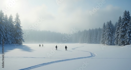 An isolated frozen lake surrounded by snow-laden pines with mist rising from the surface. Skaters glide in silence, accompanied by the distant howl of the winter wind. 