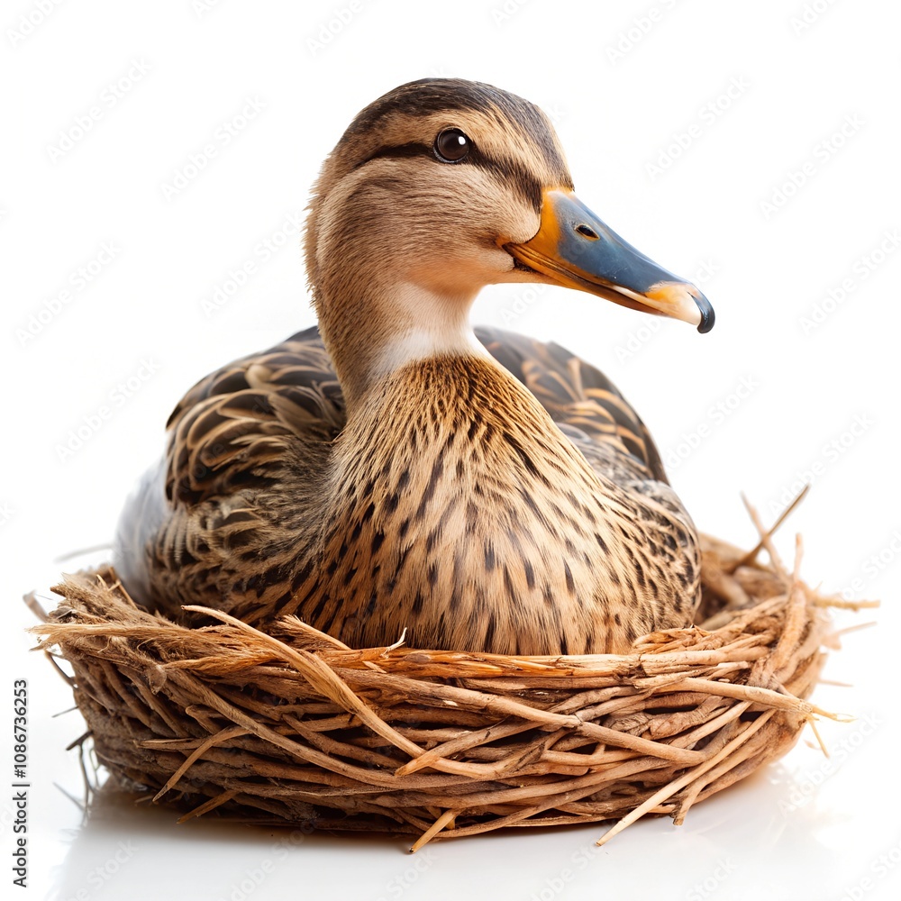 duck sitting on a nest, isolated on white background
duck sitting on a nest, isolated on white background