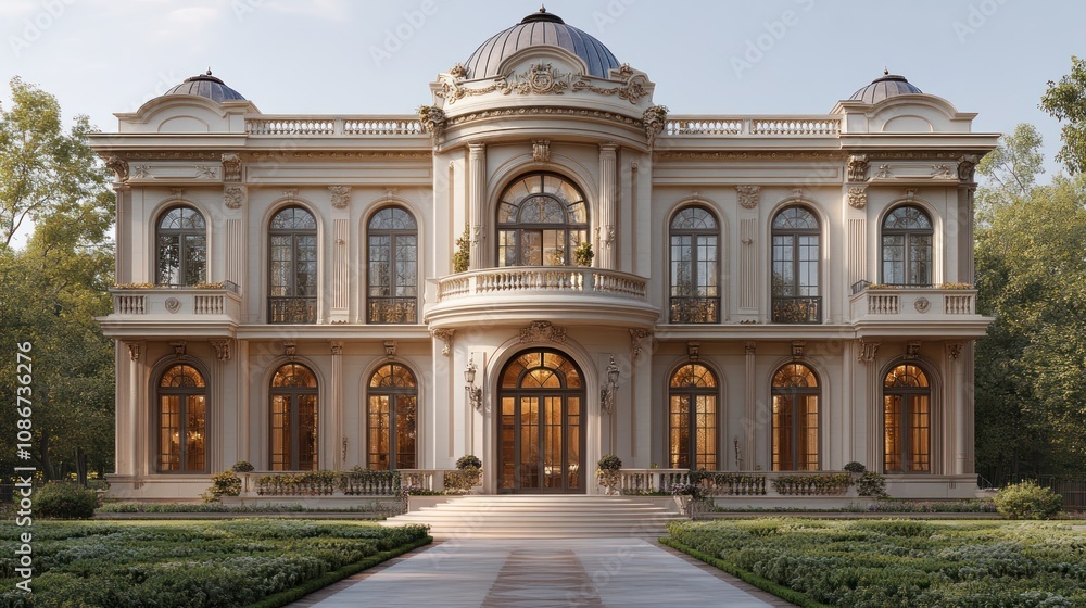 Fototapeta premium 3D model of a luxury mansion with a grand entrance and intricate architectural details, isolated on white.