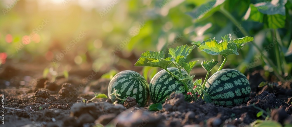 Young Shoots Of Watermelon Growing On The Soil In The Garden The Cultivation Of Melons Young Shoots Of Watermelon Growing On The Soil In The Garden The Cultivation Of Melons