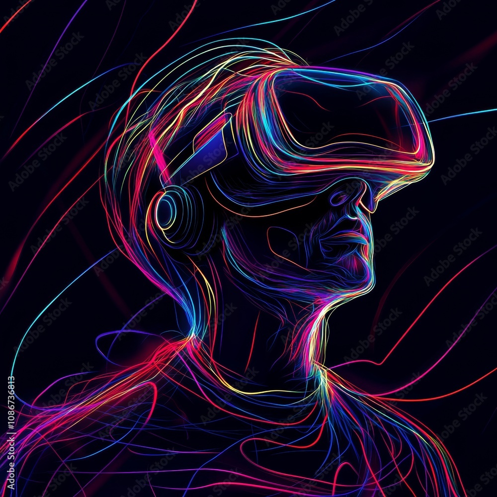 Abstract virtual world with neon lines.
A man in a virtual reality headset on a black background. Abstract virtual world with neon lines.
A man in a virtual reality headset on a black background.