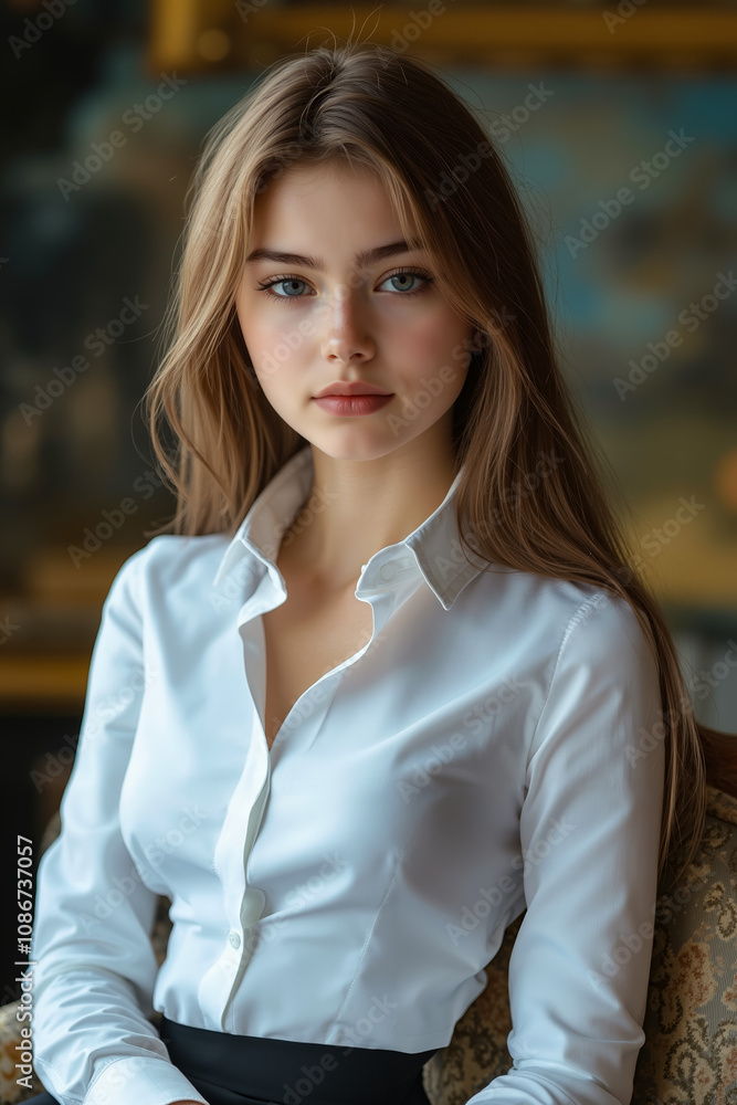 A woman in a white shirt sitting on a chair A woman in a white shirt sitting on a chair