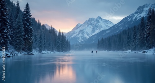 A frozen lake near snowy mountains and evergreens, its surface reflecting silver starlight. Skaters’ movements echo the serene rhythm of nature's silent beauty. 