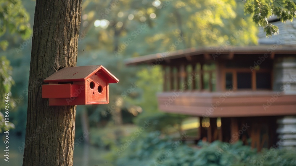 Close up of a red birdhouse on a tree next to a house Close up of a red birdhouse on a tree next to a house