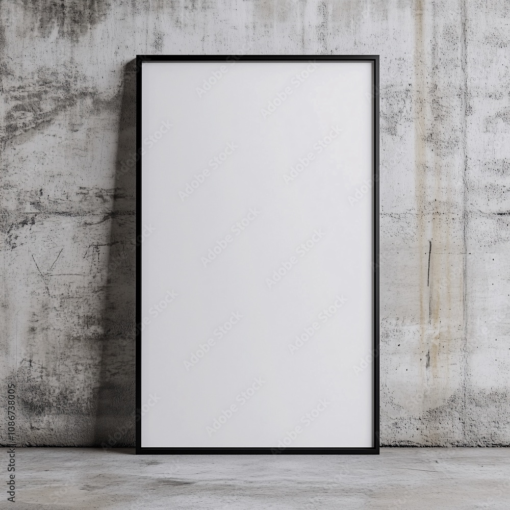 Blank Photo Frame Mockup Leaning on Concrete Wall, Empty White Canvas Sits on Floor with Grunge Concrete Wall Blank Photo Frame Mockup Leaning on Concrete Wall, Empty White Canvas Sits on Floor with Grunge Concrete Wall