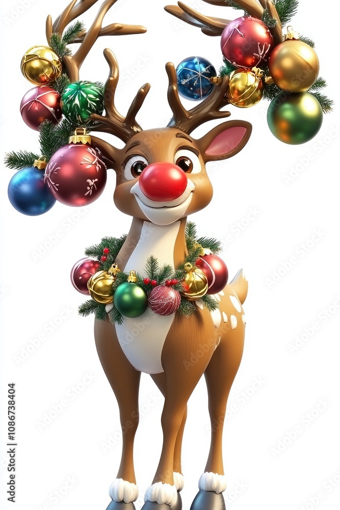 Naklejka premium Cheerful Christmas Reindeer with Ornaments and Wreath