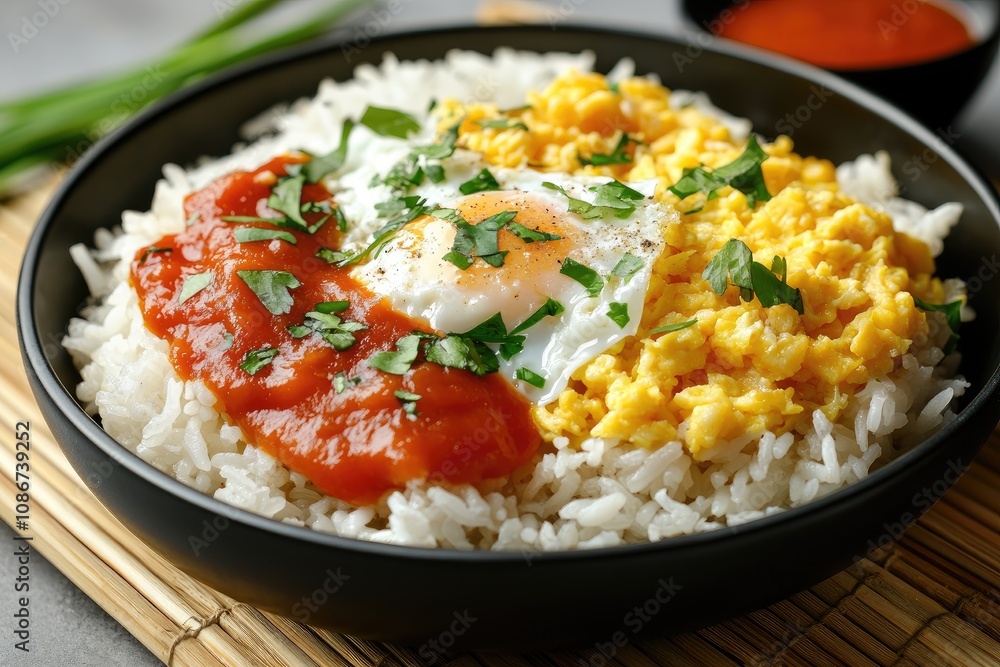 Delicious Rice Bowl With Egg Scrambled Eggs And Sauce Delicious Rice Bowl With Egg Scrambled Eggs And Sauce
