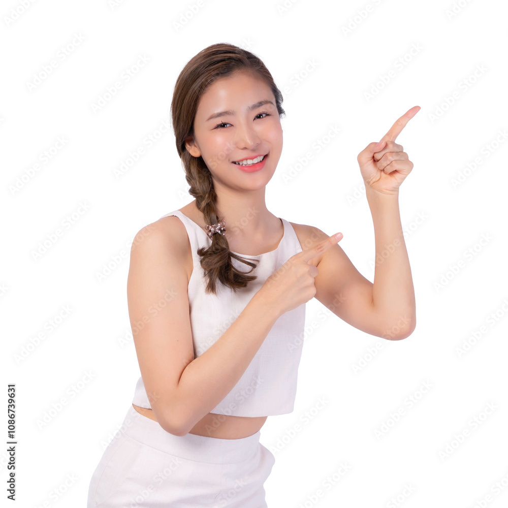 Beautiful beauty Asian woman cute girl in white shirt smiling and pointing finger to empty copy space for present every product, blank space for advertising isolated on a transparent png background Beautiful beauty Asian woman cute girl in white shirt smiling and pointing finger to empty copy space for present every product, blank space for advertising isolated on a transparent png background