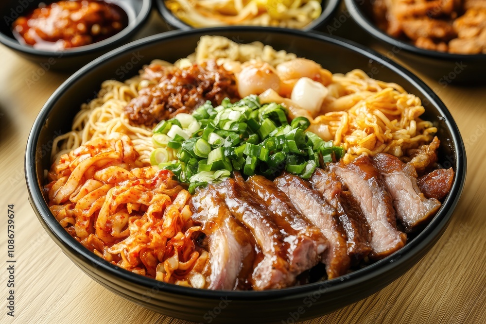 Delicious Asian Noodles Bowl With Pork And Vegetables Delicious Asian Noodles Bowl With Pork And Vegetables