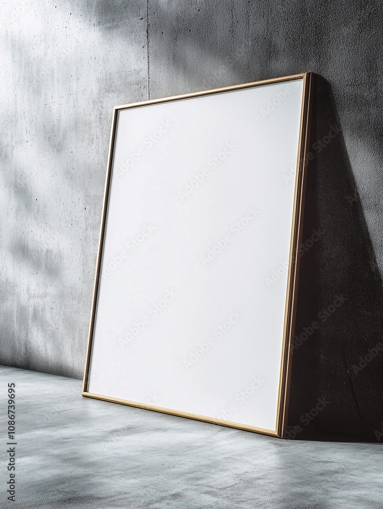 Blank Photo Mockup Leaning on Concrete Wall, Empty White Canvas Frame Sits on Floor with Grunge Concrete Wall Blank Photo Mockup Leaning on Concrete Wall, Empty White Canvas Frame Sits on Floor with Grunge Concrete Wall