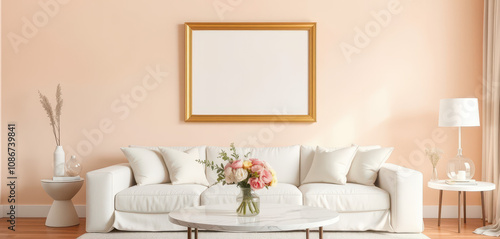 "A blank photo frame with a gold metallic border hanging on a soft peach-toned wall. The living room setup includes a white linen sofa, a round marble coffee table, and pastel decor elements.