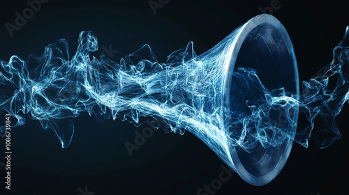 Wave-like digital art forming a speaker cone, symbolizing sound amplification and clarity in modern audio devices. 