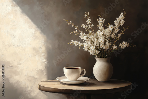 A painting of a vase of flowers and a cup of coffee on a table