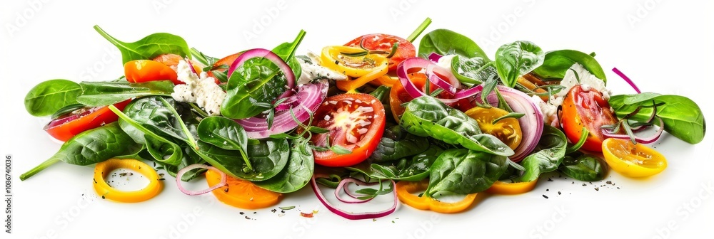 Green Salad with Goat Cheese, Spinach, Tomato, Red Onion Rings Isolated on White Background Green Salad with Goat Cheese, Spinach, Tomato, Red Onion Rings Isolated on White Background