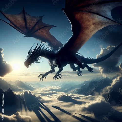 Dragon's Flight A majestic dragon soaring through the sky castin photo