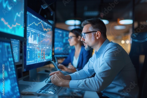 Two professionals working in a modern office, analyzing financial data and charts on multiple screens during a late-night session.