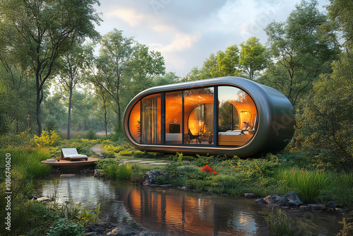 Futuristic small house in green forest for eco living photo