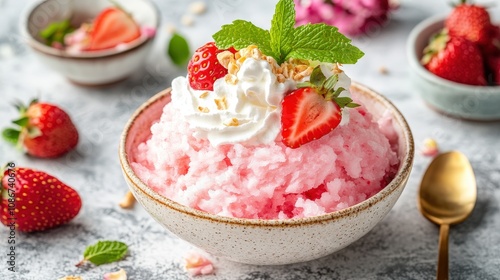 Bowl of Strawberry Shaved Ice Topped with Whipped Cream, Mint, and Strawberries