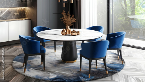 Modern dining table with blue chairs and round marble top, blue velvet chair backrests