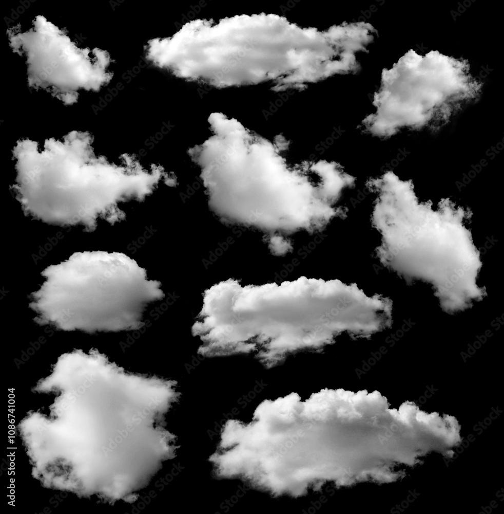 Isolated cloud collection on black background. Set of different types of clouds. Design. Fog. Haze. Clouds. Abstract clouds. Fog over the sky. Fluffy white cloud texture. Isolated cloud collection on black background. Set of different types of clouds. Design. Fog. Haze. Clouds. Abstract clouds. Fog over the sky. Fluffy white cloud texture.