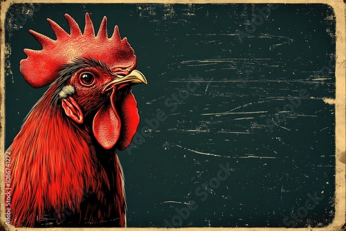 Vintage rooster portrait on distressed background with space for text photo