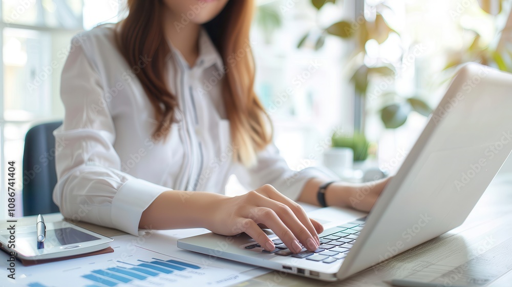 A businesswoman typing on a laptop with financial charts, documents, and a tablet on the desk in a bright, modern office setting. A businesswoman typing on a laptop with financial charts, documents, and a tablet on the desk in a bright, modern office setting.