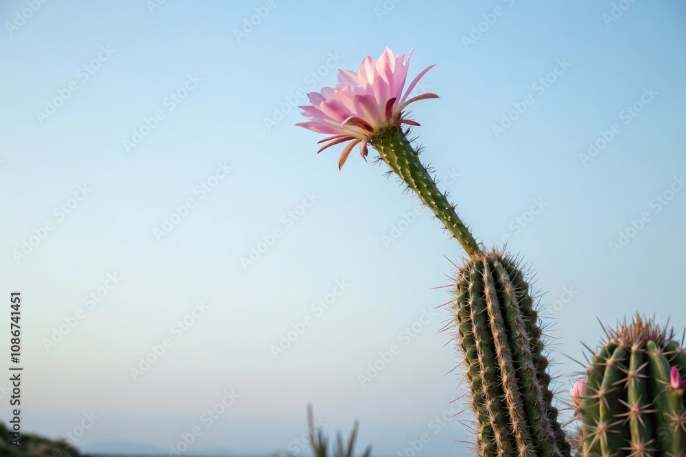 Obraz premium A solitary pink cactus flower standing tall against the pale blue backdrop of the sky, botanical photography, pink cactus flowers, plant isolation, solitary bloom, isolated flowers