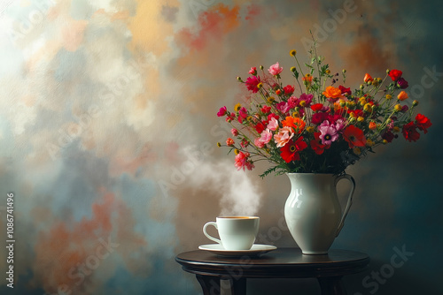 Wallpaper Mural A vase of flowers and a cup of coffee on a table Torontodigital.ca